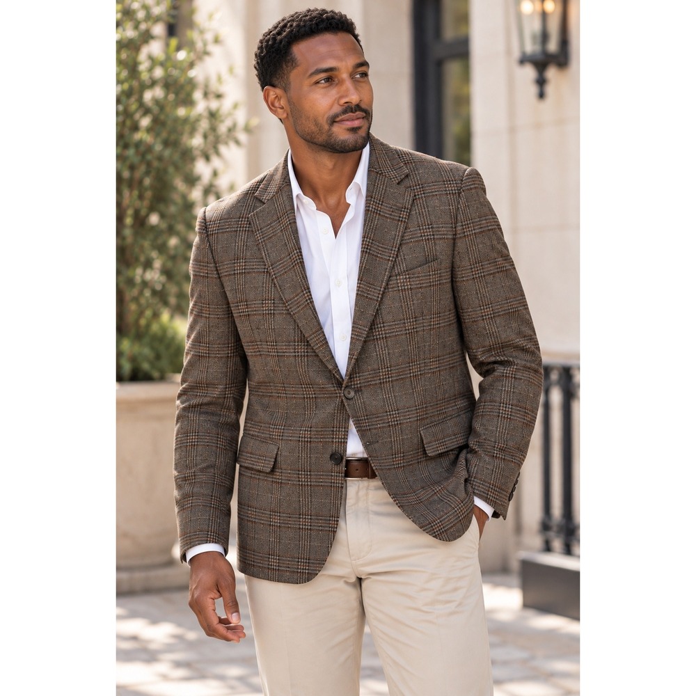 Saks Fifth Avenue Black Label 100% Cashmere Plaid Blazer Brown 48R Sport Coat